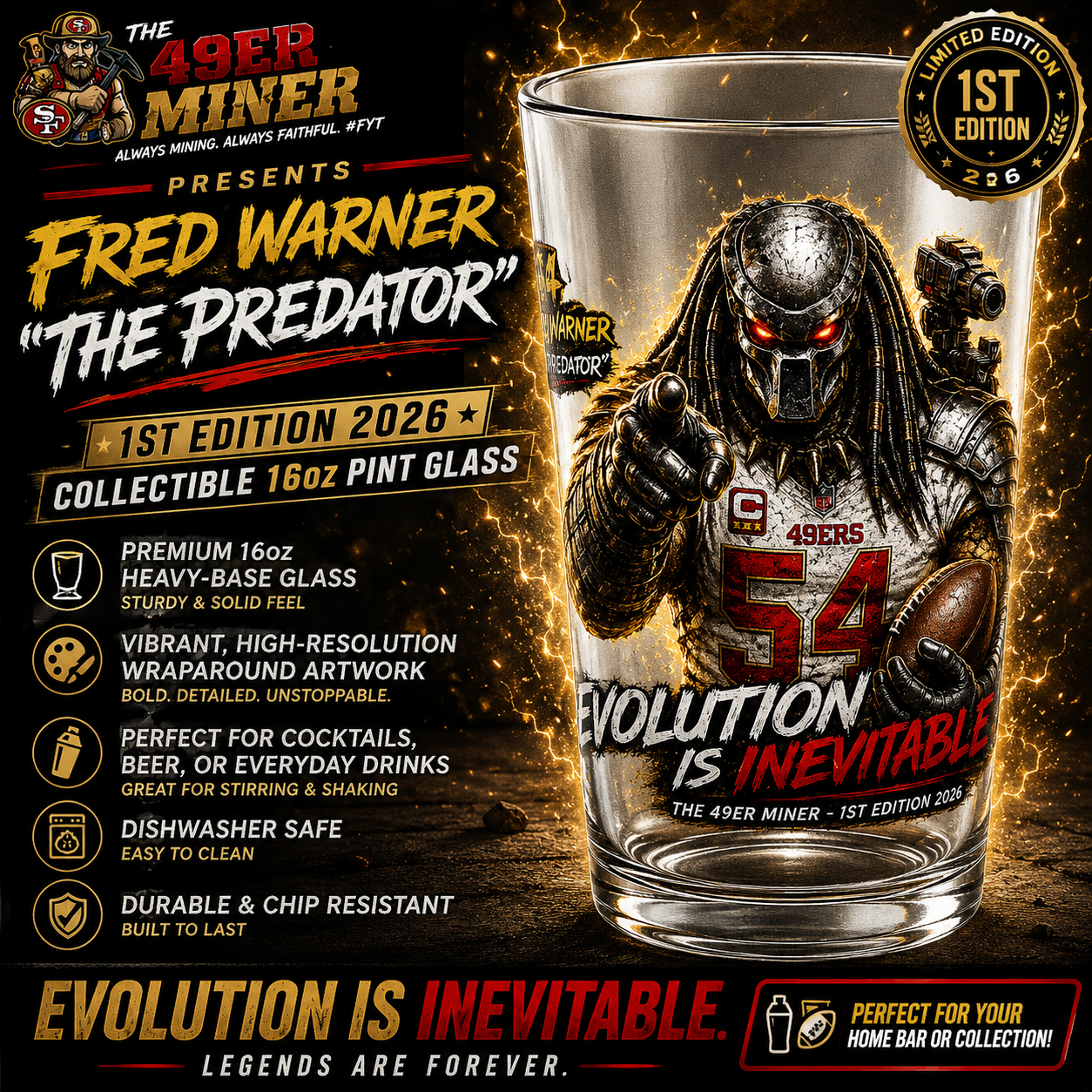 #54 Fred Warner "The Predator" Limited Edition 16oz Pint Glass